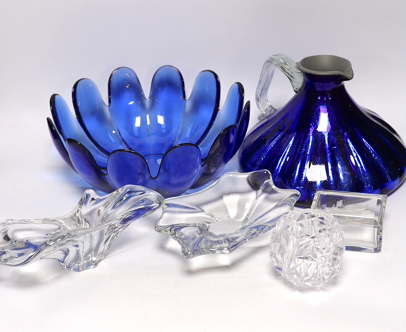 A group of glassware including Small Tiffany vase, two Baccarat dishes and a large blue glass fruit bowl, largest 28cm in diameter